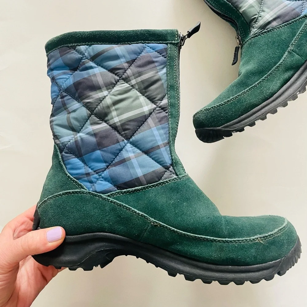 Lands’ End Vintage Green & Blue Plaid Suede Zip Winter Booties